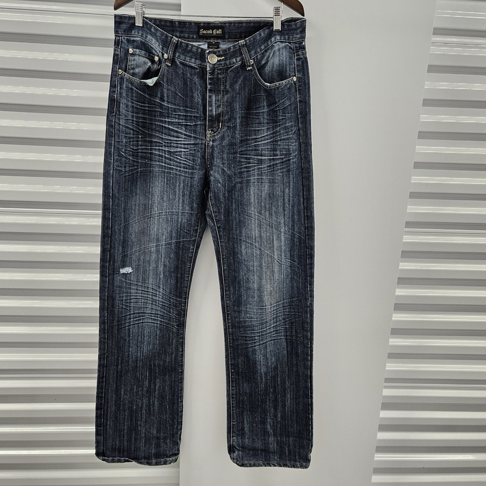 Sacred Cult Jeans Mens 36x34 Dark Wash Straight Flap Pocket Y2K Distressed - Picture 2 of 12
